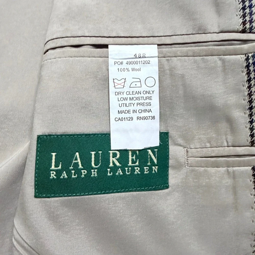 Lauren Ralph‎ Lauren Blazer Mens 48R Brown Excellent Wool Houndstooth Two Button